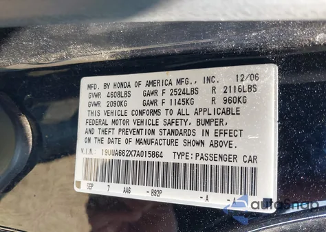 2007 Acura Tl 3.2 z USA, uszkodzony, nr VIN 19UUA662X7A015864
